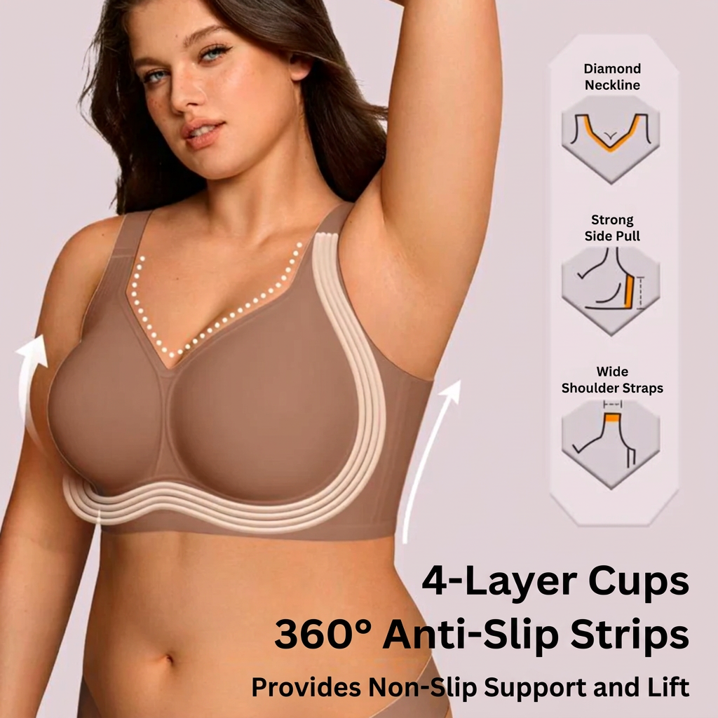 Model in a brown bra with cream stripes marking the support design and small feature icons 9