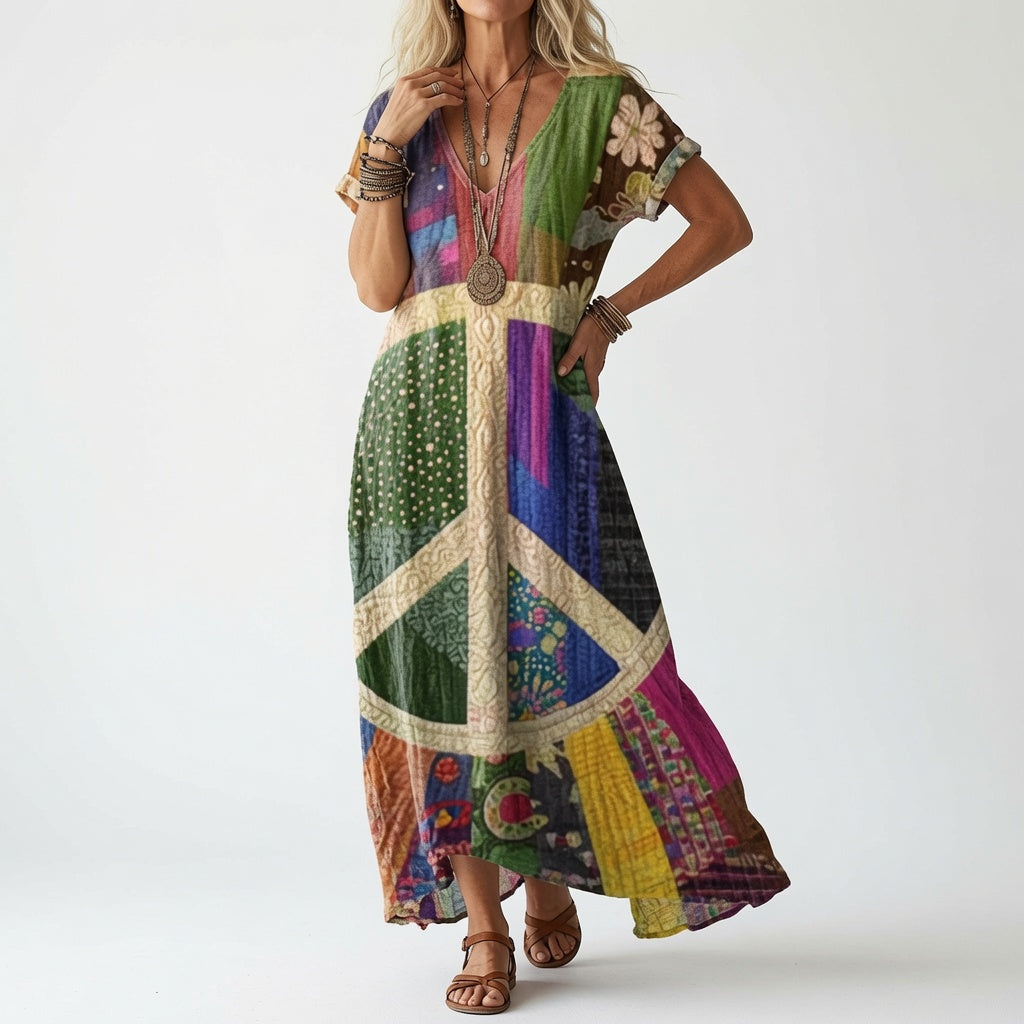 Model wearing a short-sleeved dress in multicoloured patchwork panels with a large cream peace-sign motif across the front, styled with layered bracelets and sa 2