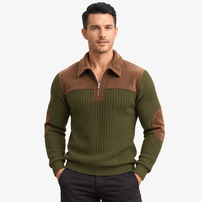 Model facing forward in the olive green ribbed jumper with brown suede-look collar, yoke and elbow patches 1