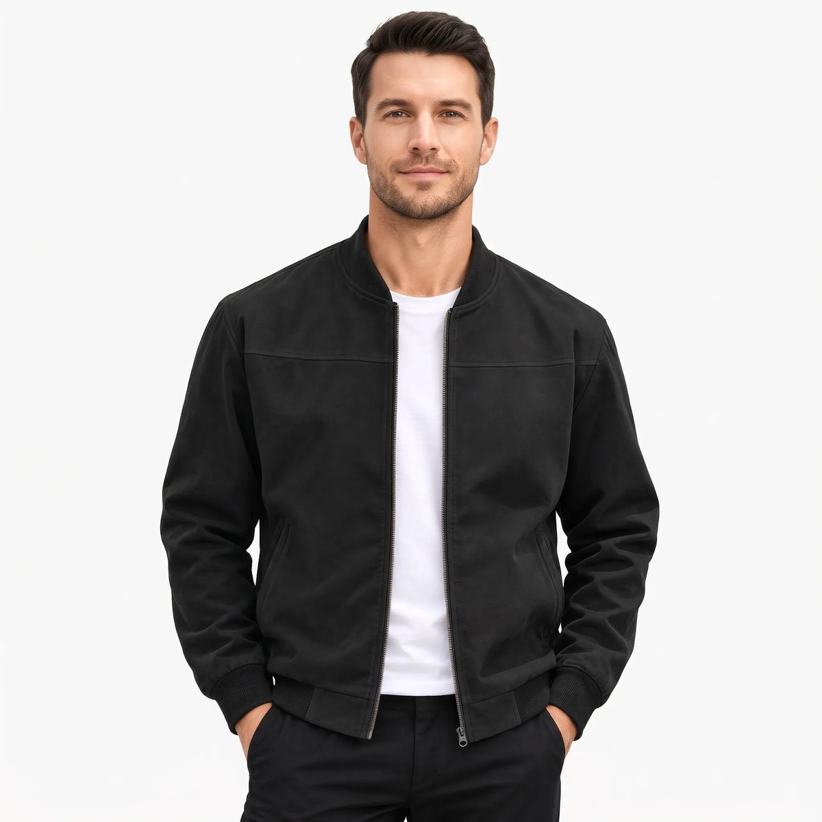 Man in a black suede-look zip jacket with ribbed collar, cuffs and hem, over a white tee 1