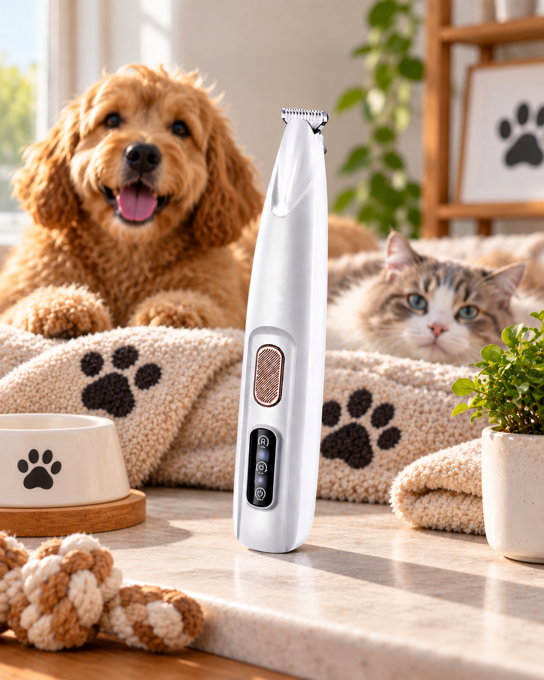 White trimmer standing upright on a worktop, with a fluffy dog and cat resting behind it 1