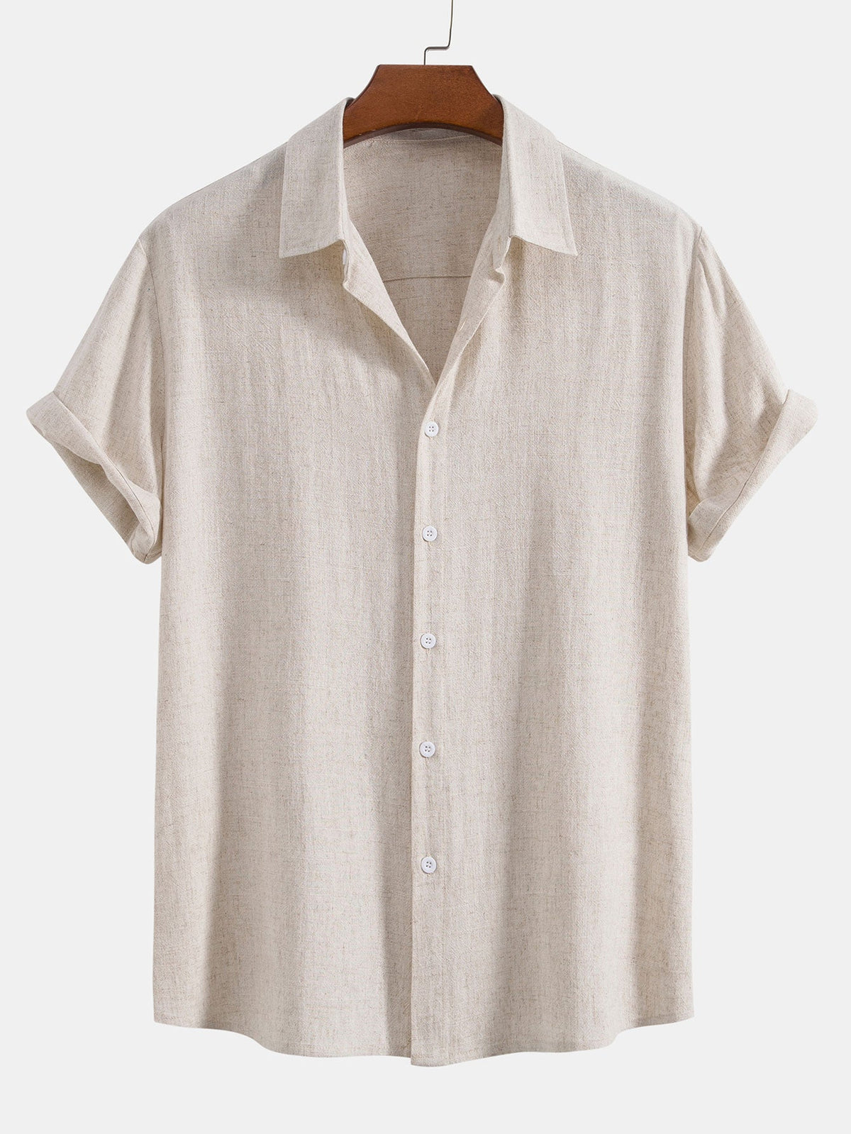 Short sleeve button-up shirt in light oatmeal beige on a wooden hanger, with a flecked linen texture. 3