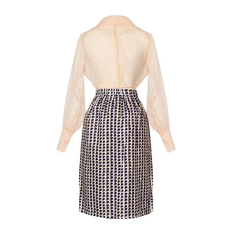 Two-piece chiffon autumn outfit with belt and skirt – Maurelle