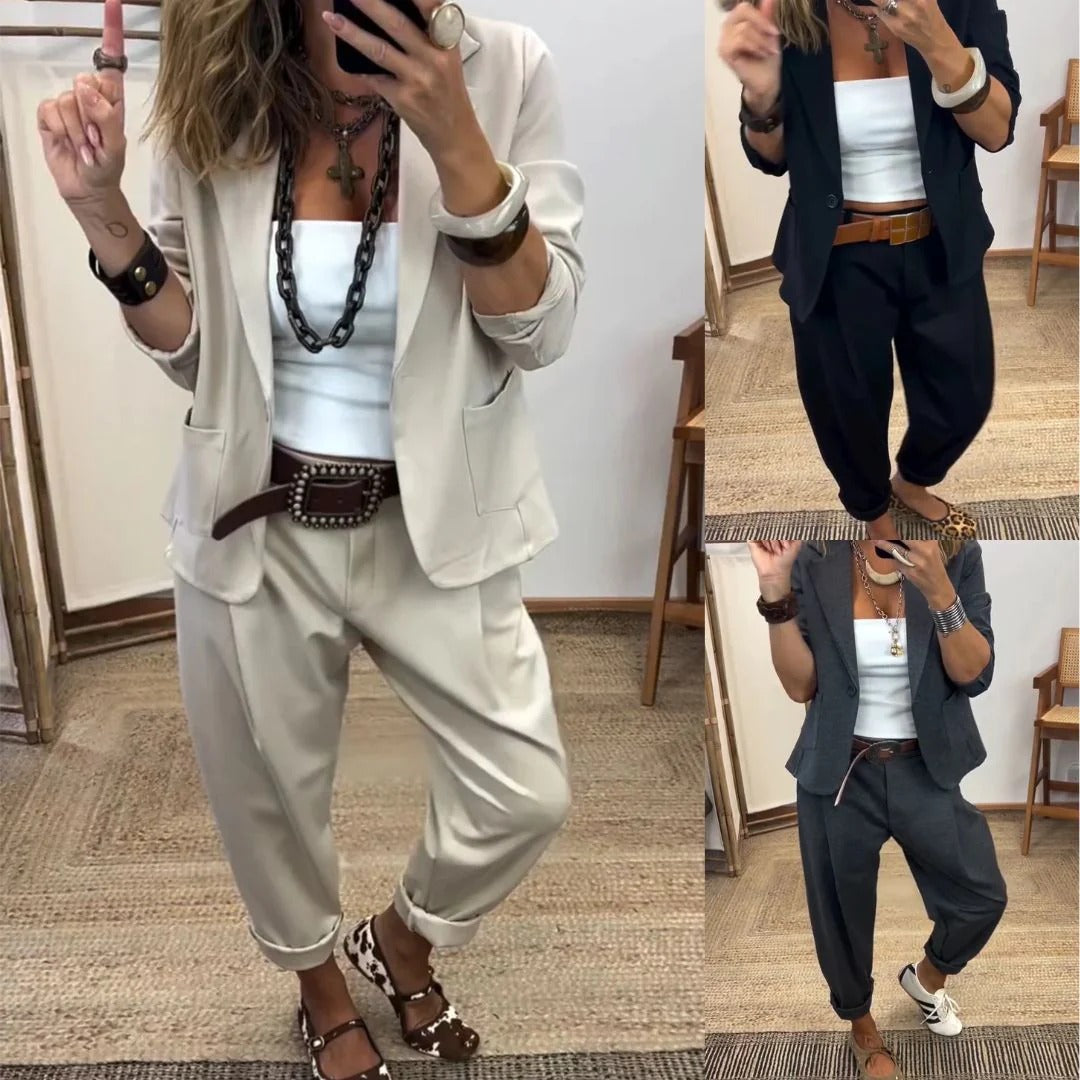 Collage showing the suit set in three colours: beige in the large frame, black and dark grey in the smaller frames. 4