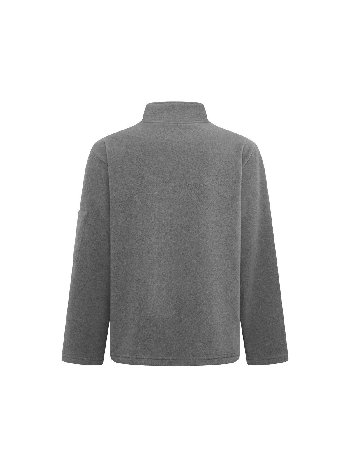 Back view of the dark grey fleece jacket, plain back with stand collar and a small pocket on the sleeve. 10