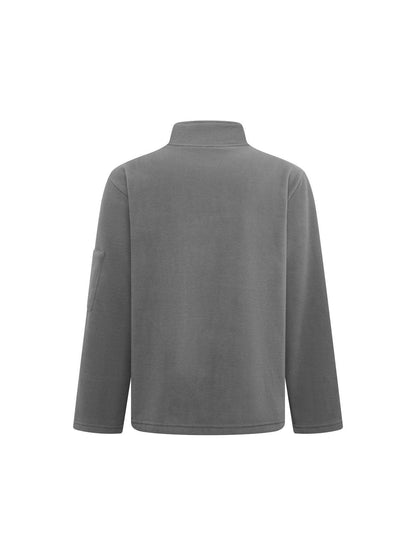 Back view of the dark grey fleece jacket, plain back with stand collar and a small pocket on the sleeve. 10