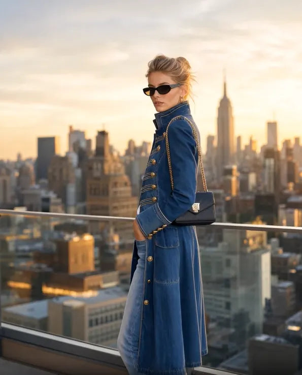 Side profile of the blue denim coat on a model with a black chain-strap bag, showing the buttons, side pocket and standing collar. 7