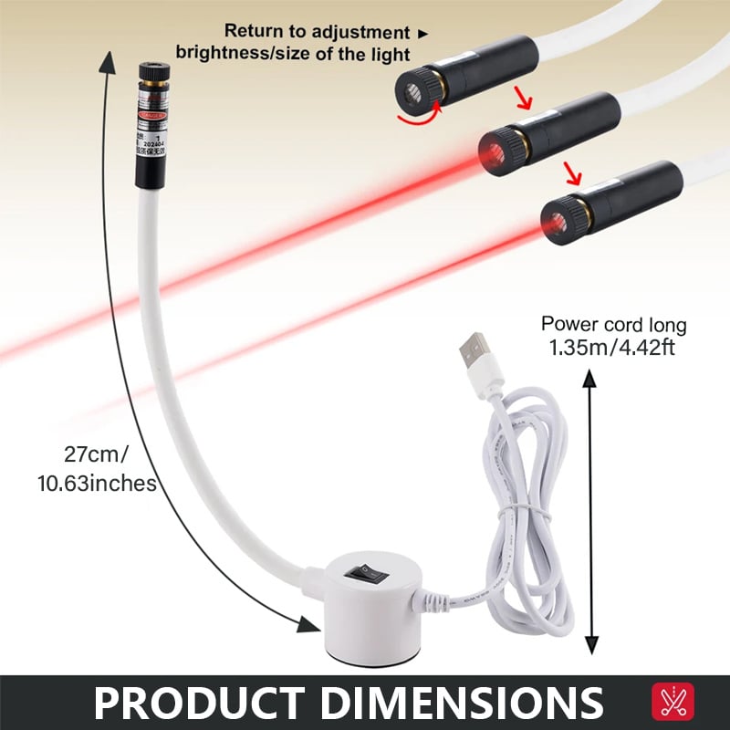 Dimensions diagram of the laser guide with its cord, and the lens being twisted to adjust the beam 5