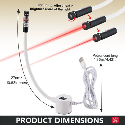 Dimensions diagram of the laser guide with its cord, and the lens being twisted to adjust the beam 5