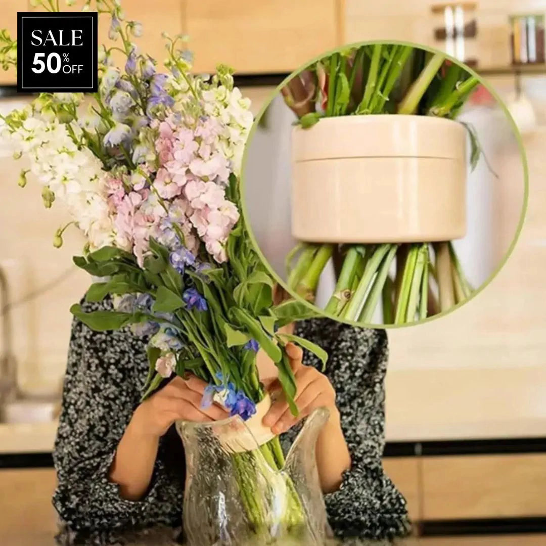 Woman in a patterned top holds a tall pastel bouquet over a glass vase, with a close-up inset of the cream insert gripping the stems. 1