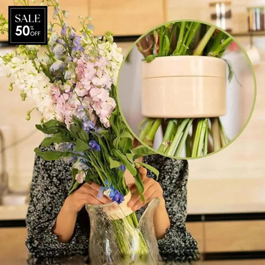 Woman in a patterned top holds a tall pastel bouquet over a glass vase, with a close-up inset of the cream insert gripping the stems. 1