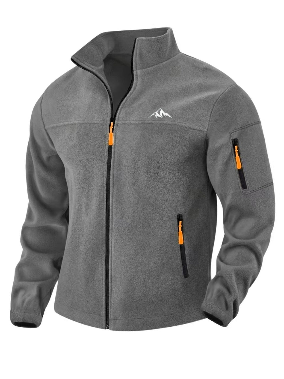 Front view of the dark grey fleece jacket with stand collar, full zip, orange zip pulls and zipped hand and sleeve pockets. 5