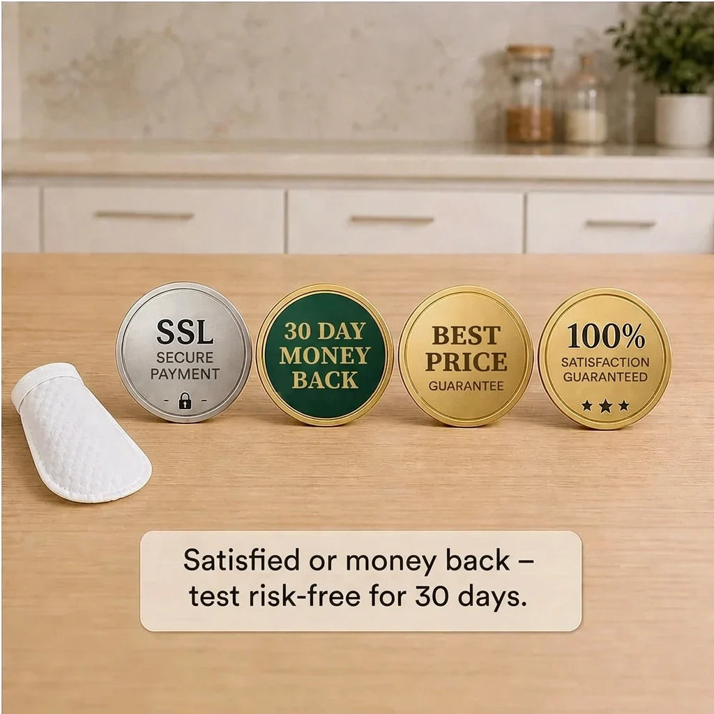 One white filter cover lying on a wooden worktop beside four round guarantee badges standing upright. 10