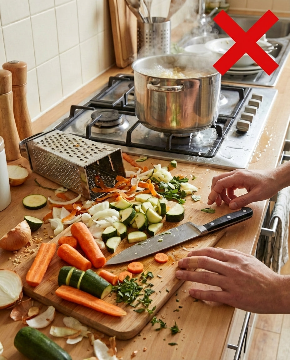 Cluttered worktop with a box grater, chopped carrots, courgette and onion on a board, a knife and a steaming pan. 2