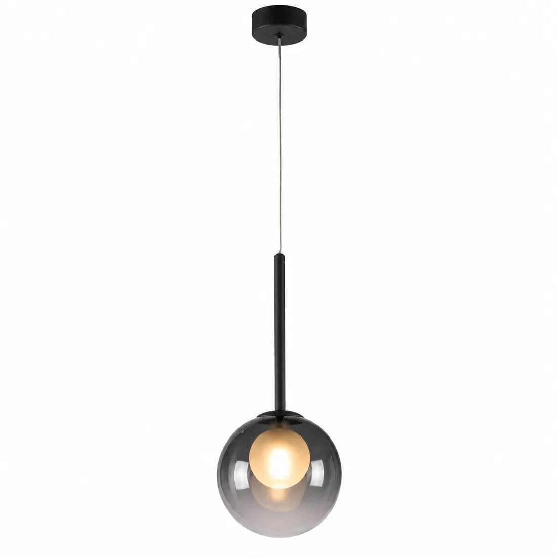 Smoke grey glass globe pendant with black stem and ceiling plate, lit, on a white background 8