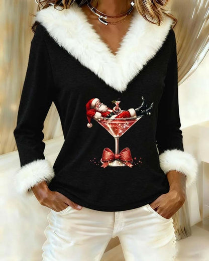 Black version with white faux-fur collar and cuffs, Santa lounging in a cocktail glass print 3