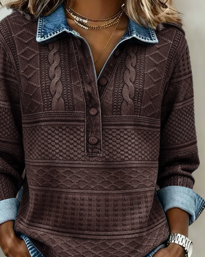Close-up of the brown version's upper half, showing the denim-look collar, three-button placket and braided cable pattern above the textured stripes. 4