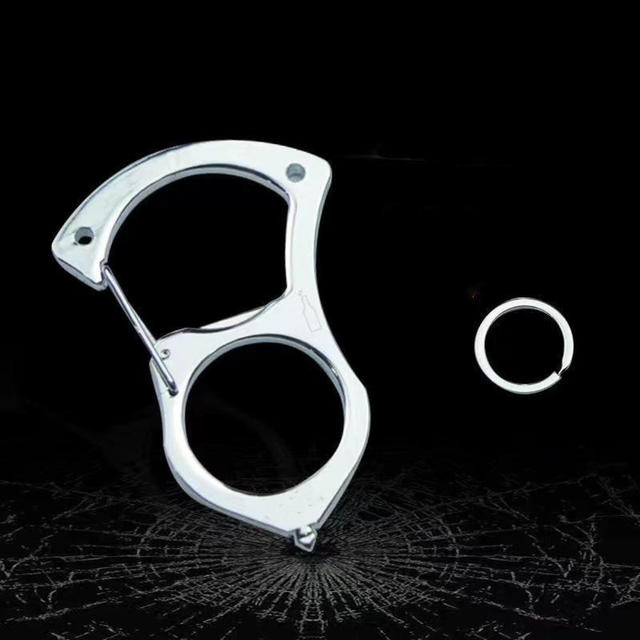 Plain steel carabiner keyring without a grip cover, shown with a separate split ring on a black background with cracked glass pattern. 4
