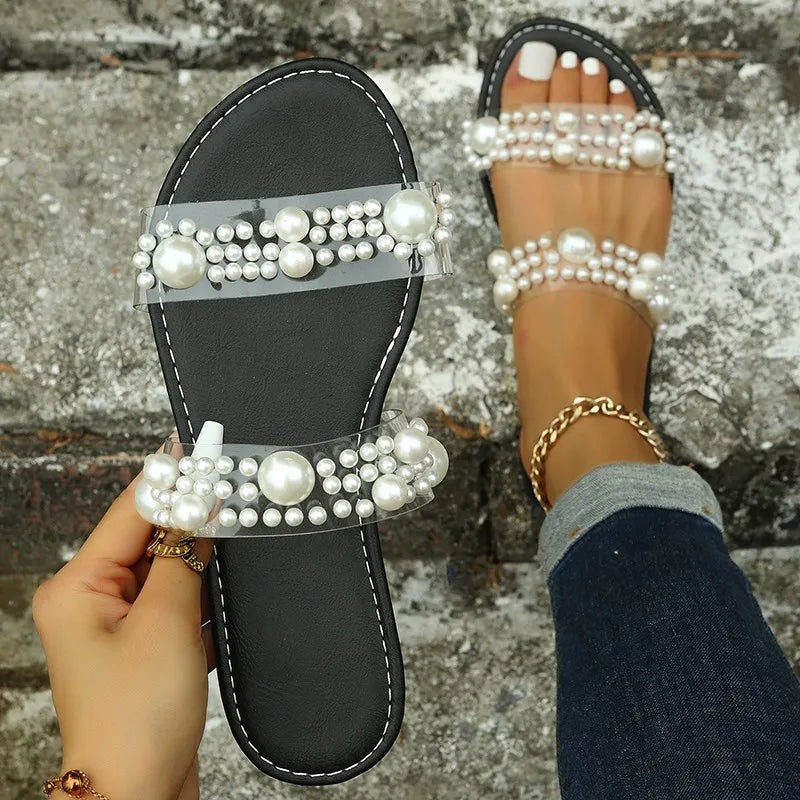 Bohemian slip-on women's sandals with pearl embellishments – Elvyna