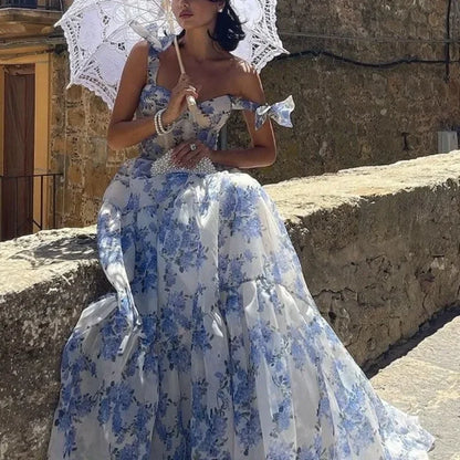 Vintage Blue Floral Print Strapless Evening Dress - Elena