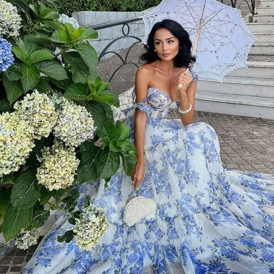 Vintage Blue Floral Print Strapless Evening Dress - Elena