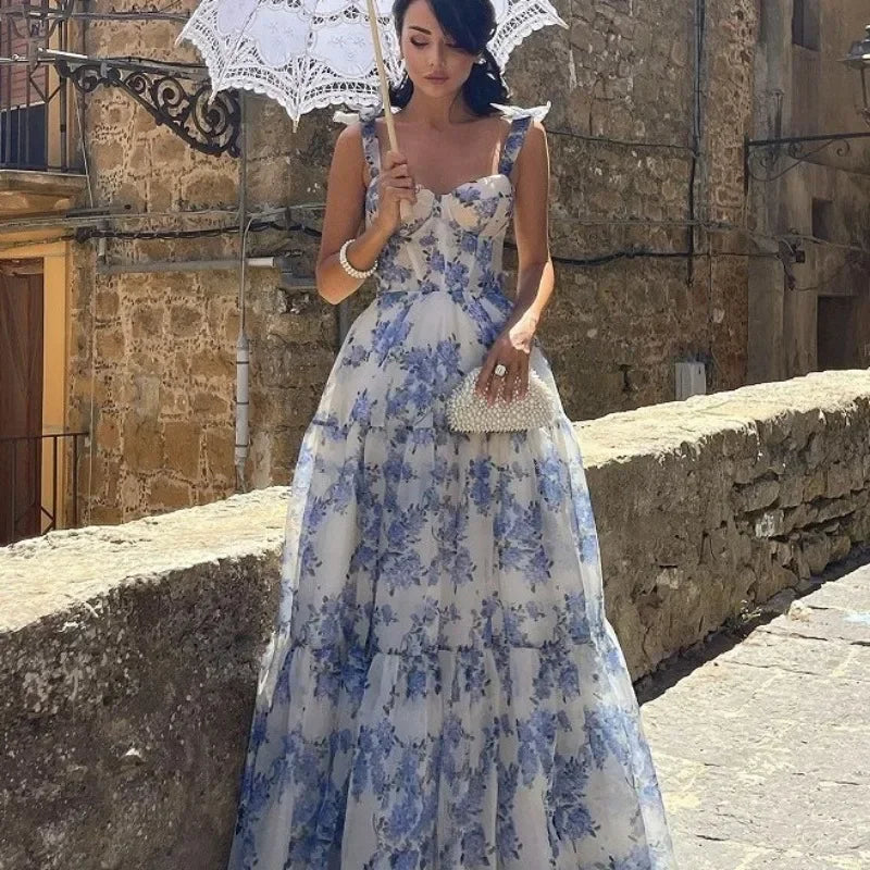 Vintage Blue Floral Print Strapless Evening Dress - Elena