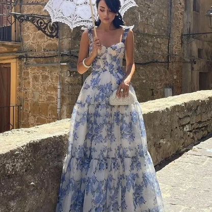 Vintage Blue Floral Print Strapless Evening Dress - Elena