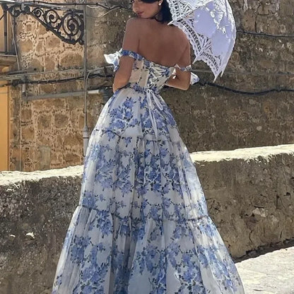 Vintage Blue Floral Print Strapless Evening Dress - Elena