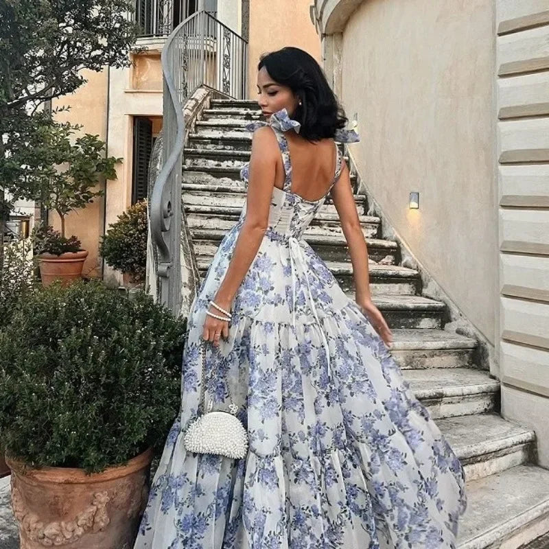 Vintage Blue Floral Print Strapless Evening Dress - Elena