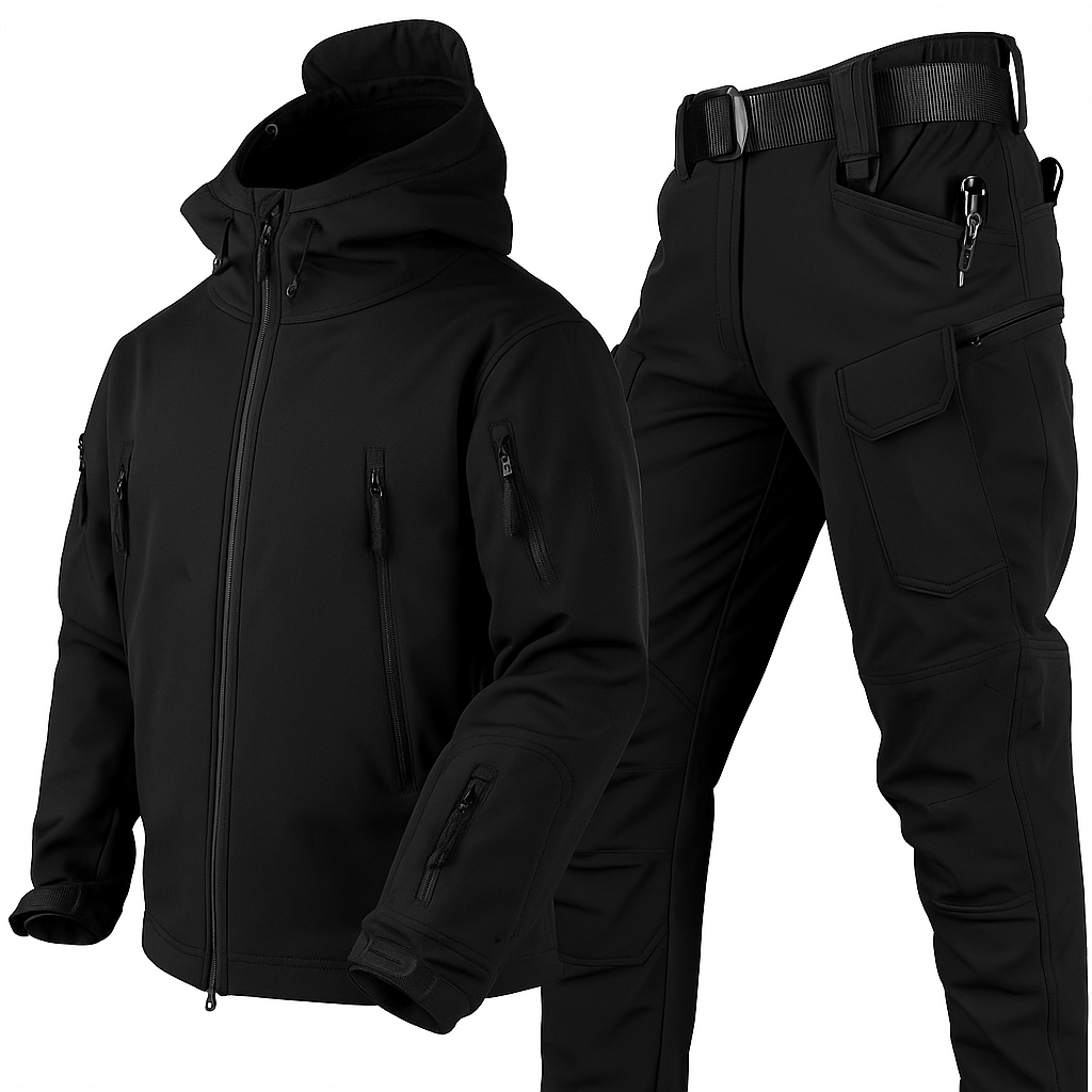 Black hooded zip-up jacket and matching cargo trousers with belt, shown together on a white background. 1