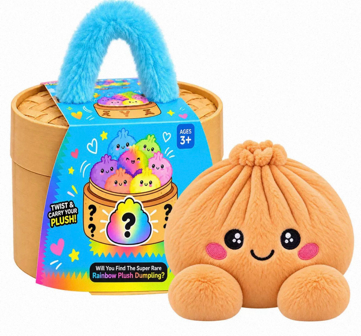 Smiling orange-tan plush dumpling with pink cheeks beside the steamer box and blue fluffy handle 2
