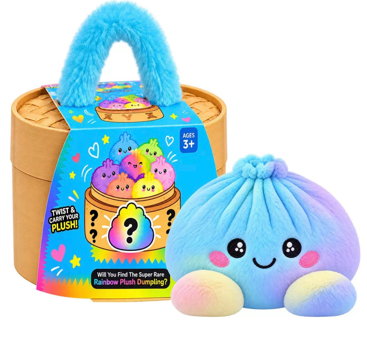 Rainbow-shaded plush dumpling in blue and purple with yellow feet beside the steamer gift box 10