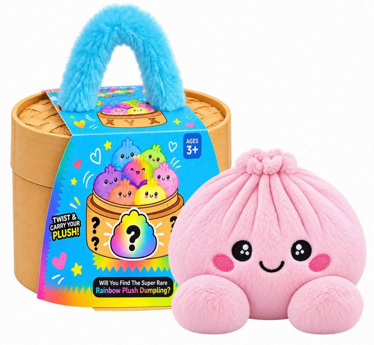 Soft pink plush dumpling with embroidered smile beside the boxed steamer basket with blue plush handle 4