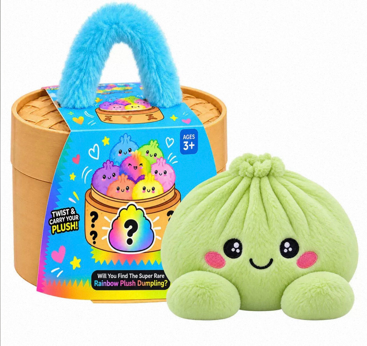 Light green plush dumpling with a gathered top knot next to the steamer gift box 5