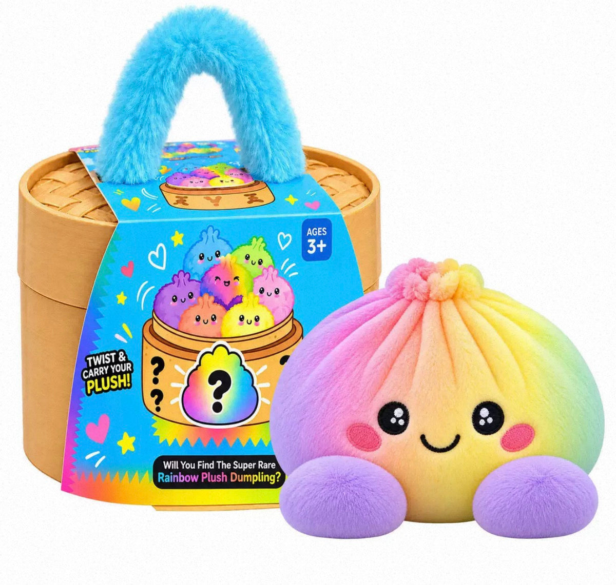 Pastel rainbow plush dumpling with purple feet sitting beside the steamer box with blue handle 11