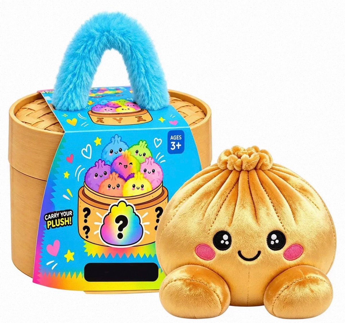 Shiny golden plush dumpling with a smiling face beside the steamer box with blue fluffy handle 6
