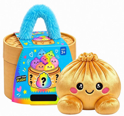Shiny golden plush dumpling with a smiling face beside the steamer box with blue fluffy handle 6