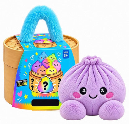 Lilac purple plush dumpling with visible stitching beside the steamer gift box and blue handle 9