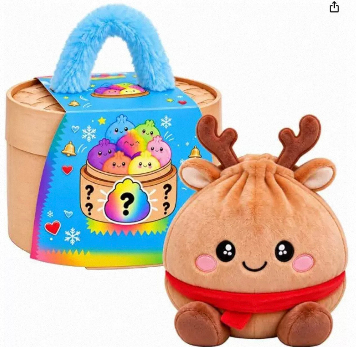 Brown reindeer plush dumpling with antlers and red scarf beside the steamer box with blue handle 16