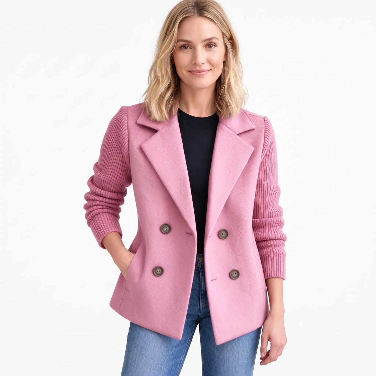 Studio shot of model in pink double-breasted jacket with ribbed knit sleeves, hand in pocket 20