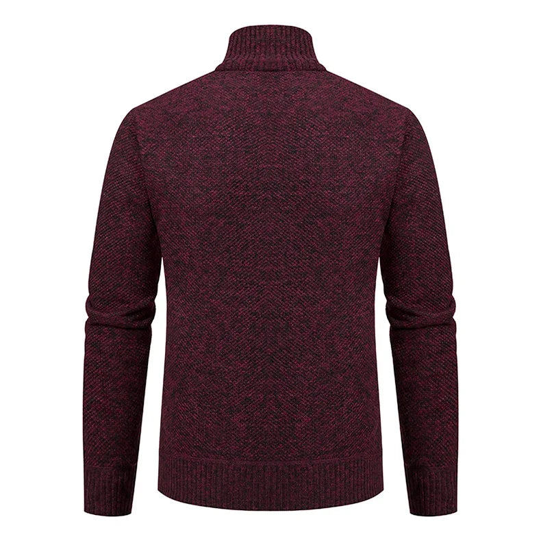 Back view of the burgundy marl knitted cardigan, showing the textured knit and ribbed stand collar 20