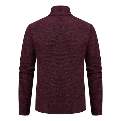 Back view of the burgundy marl knitted cardigan, showing the textured knit and ribbed stand collar 20