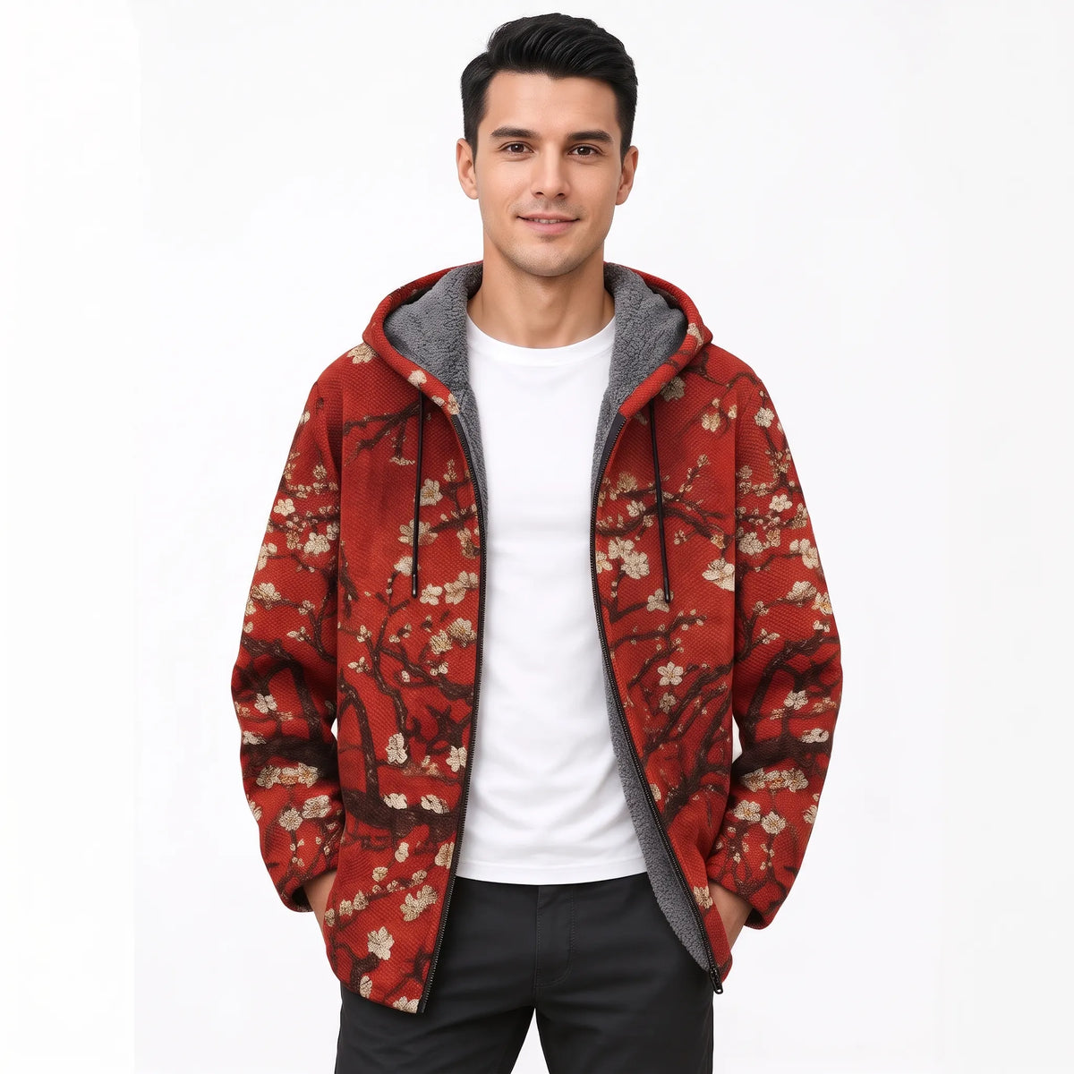 Model wearing the open jacket in deep red with white blossom branches and a grey fleece-lined hood 20
