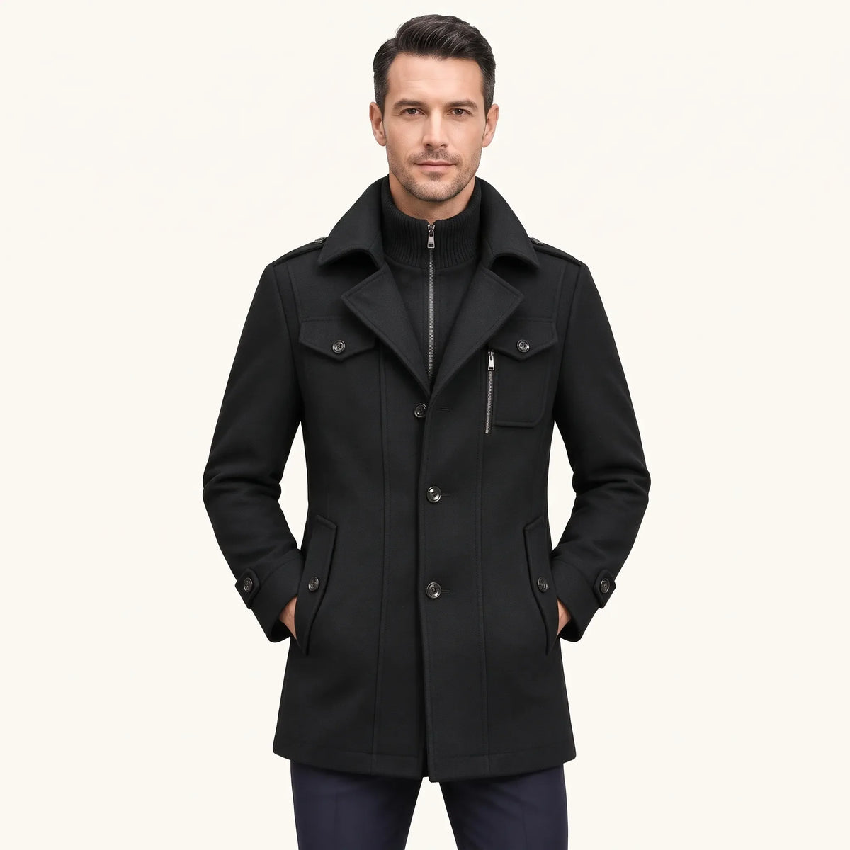 Man wearing the black overcoat buttoned up, hands in pockets, with ribbed zip-up inner collar 20