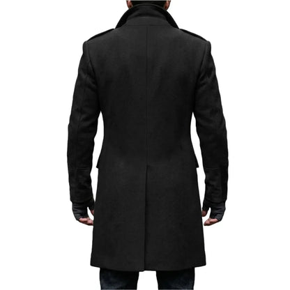Back view of the black overcoat on a model, with epaulettes, collar and fingerless gloves 20