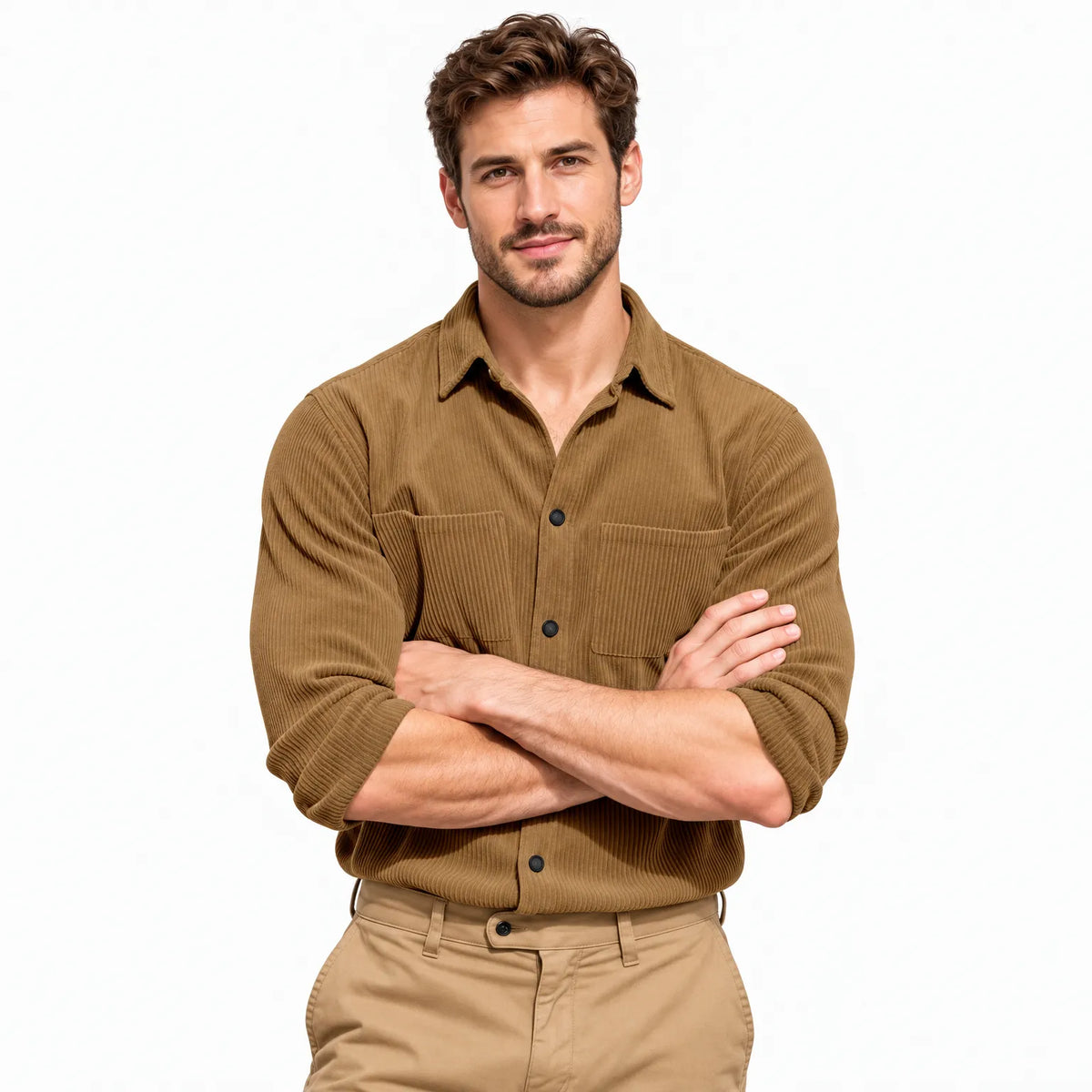 Smiling model with arms crossed wearing the tan ribbed shirt against a plain white background 20