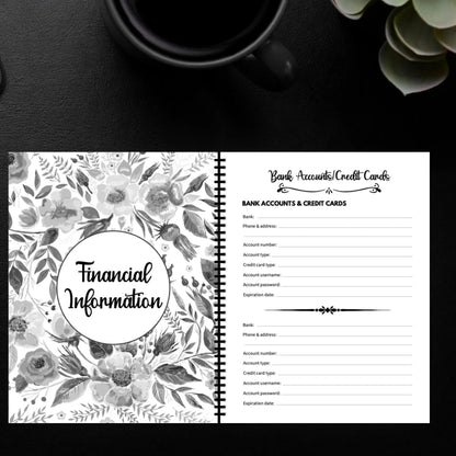 Open planner showing a monochrome floral section divider on the left and a lined bank accounts and credit cards form on the right. 2