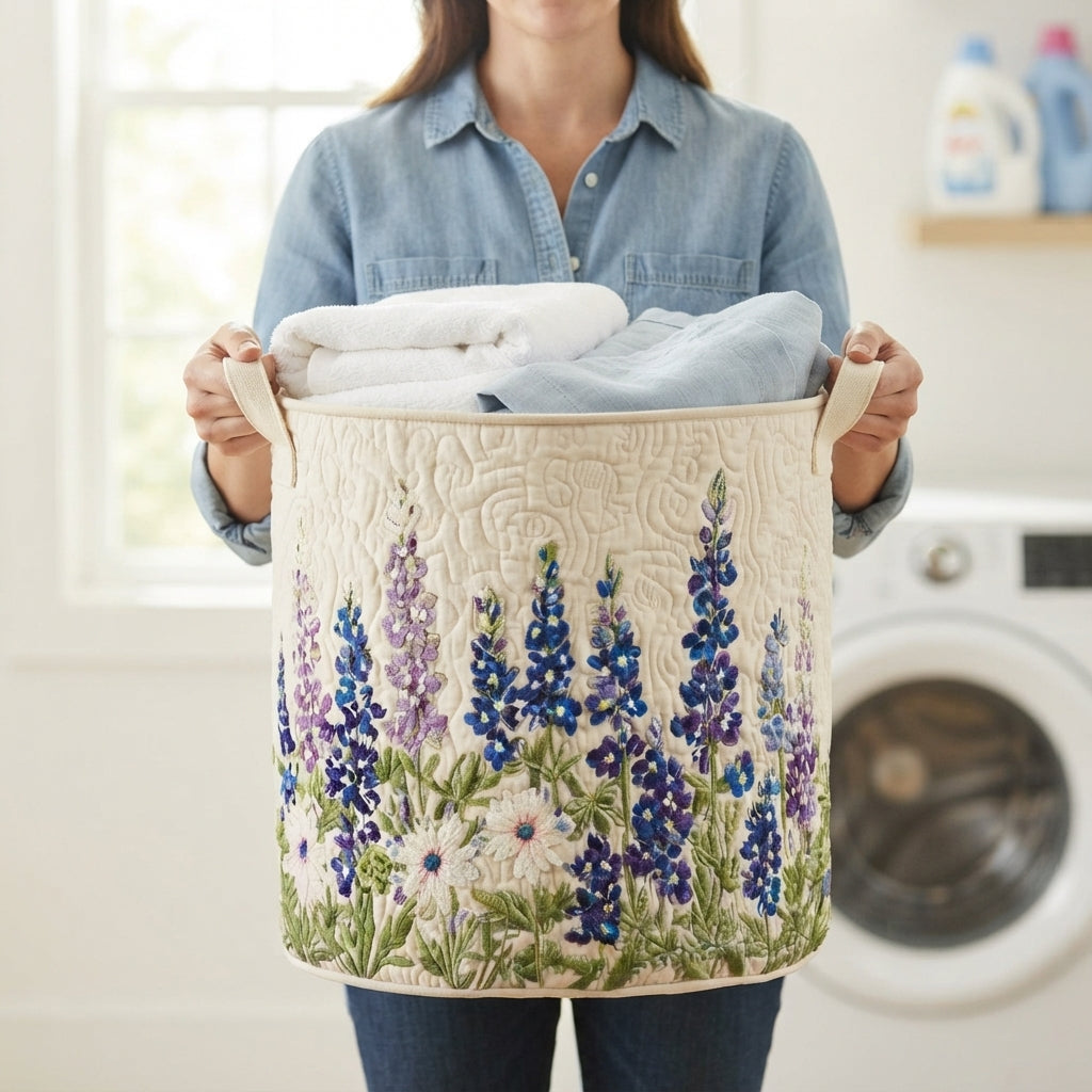 Woman in a denim shirt holding the basket by its two canvas handles, filled with folded white towels, in a laundry room. 4