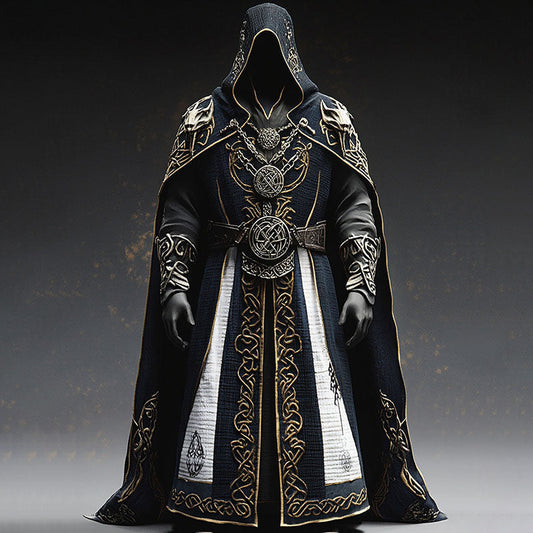 Front view of a dark hooded robe on a faceless figure, with gold Celtic knotwork trim, a wide belt and chain pendants. 1