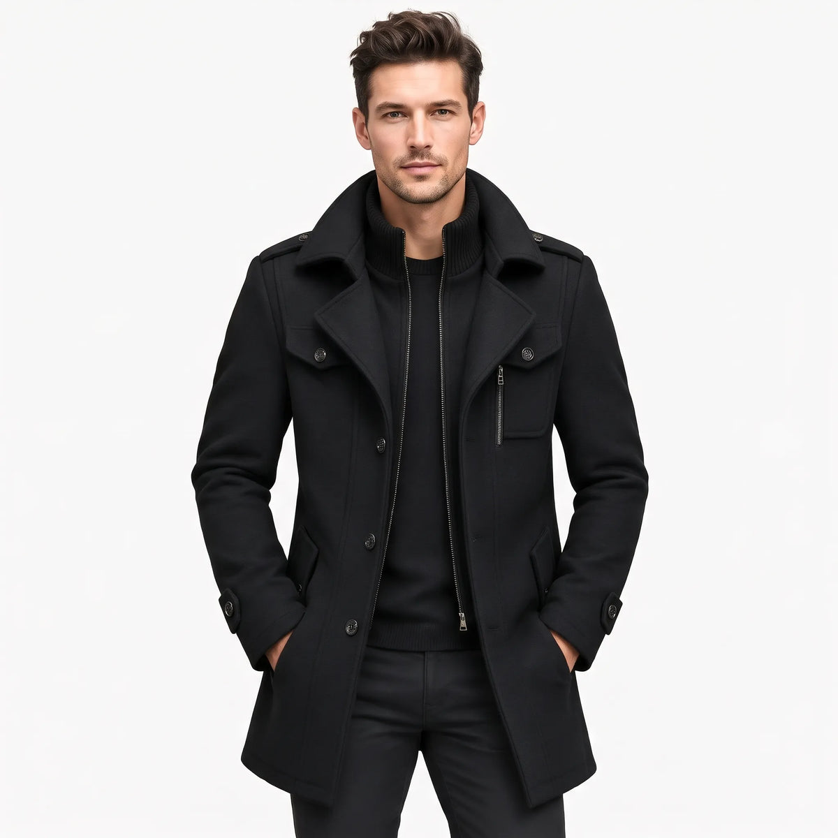 Front view of a man wearing the black coat unfastened over a black jumper, hands in pockets 21